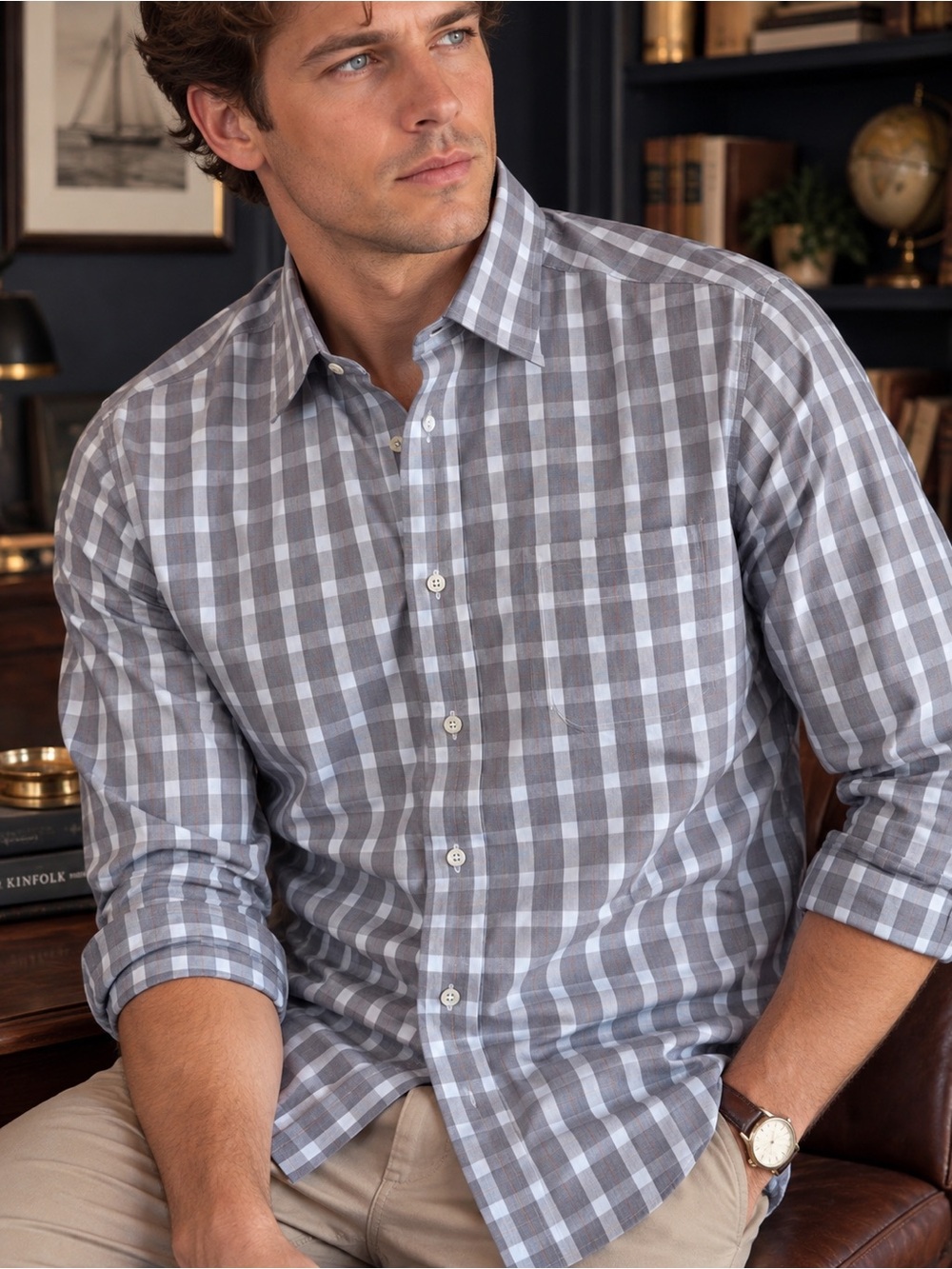 Men's Gray Blue Plaid Non-Iron Cotton Shirt | Classic Prep